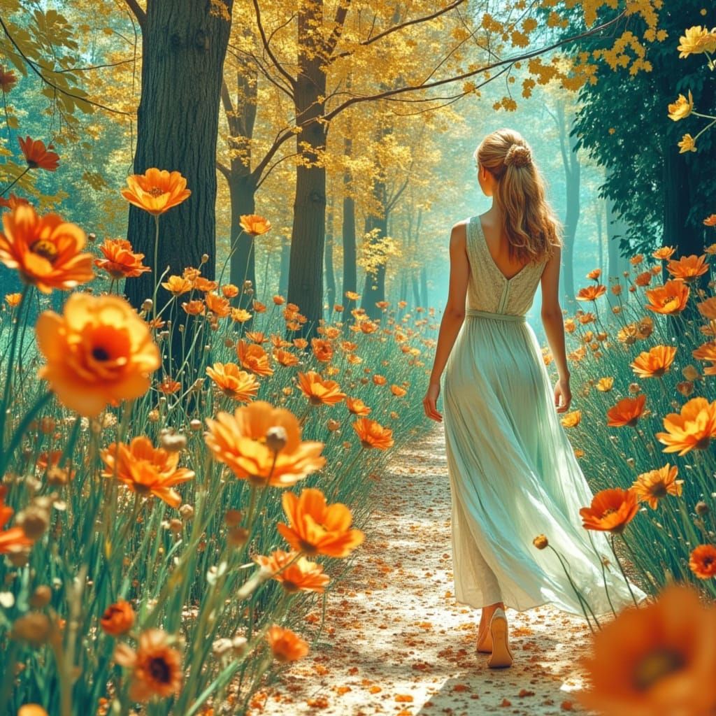Woman in Rainbow Dress in Vibrant Garden
