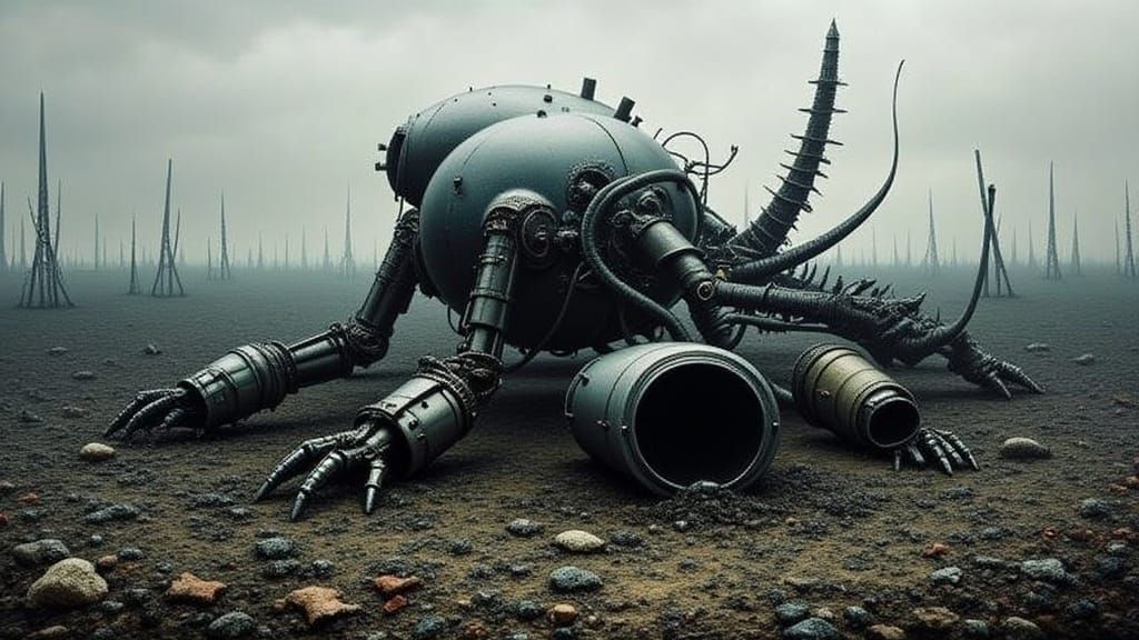 Dystopian Robot Junkyard in Gritty Industrial Style