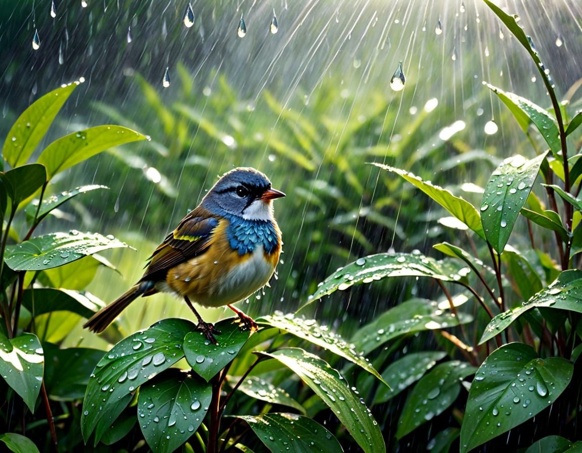 Bird Bathing in Summer Rain