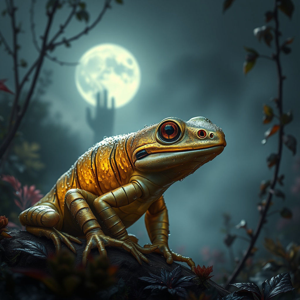 Iridescent Salamander in a Moonlit Fantasy Landscape