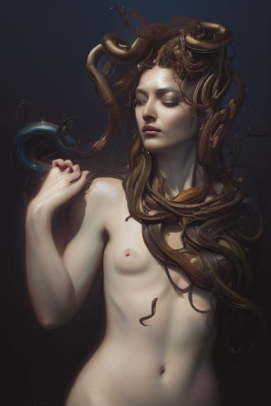 Medusa Portrait with Snakes, Hyperdetailed Concept Art