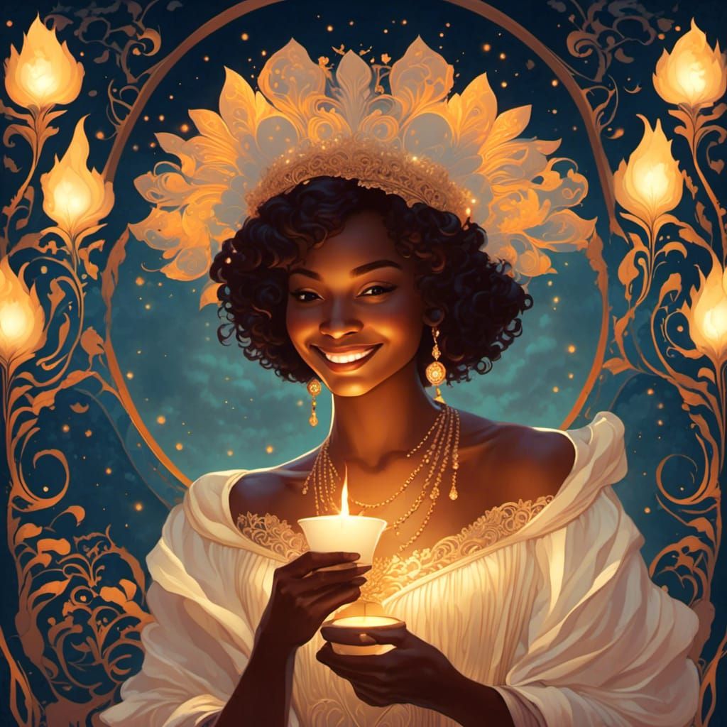 Smiling Woman with Candle in Art Nouveau Style