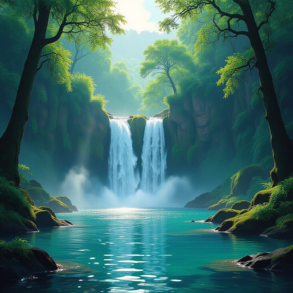 Majestic Waterfall in Lush Greenery with Atmospheric Lightin...
