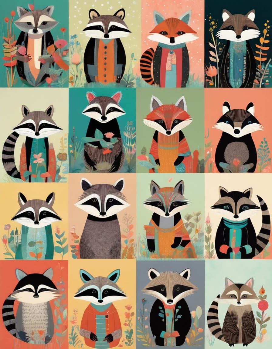 Charming Raccoon Family in Pastel Colors