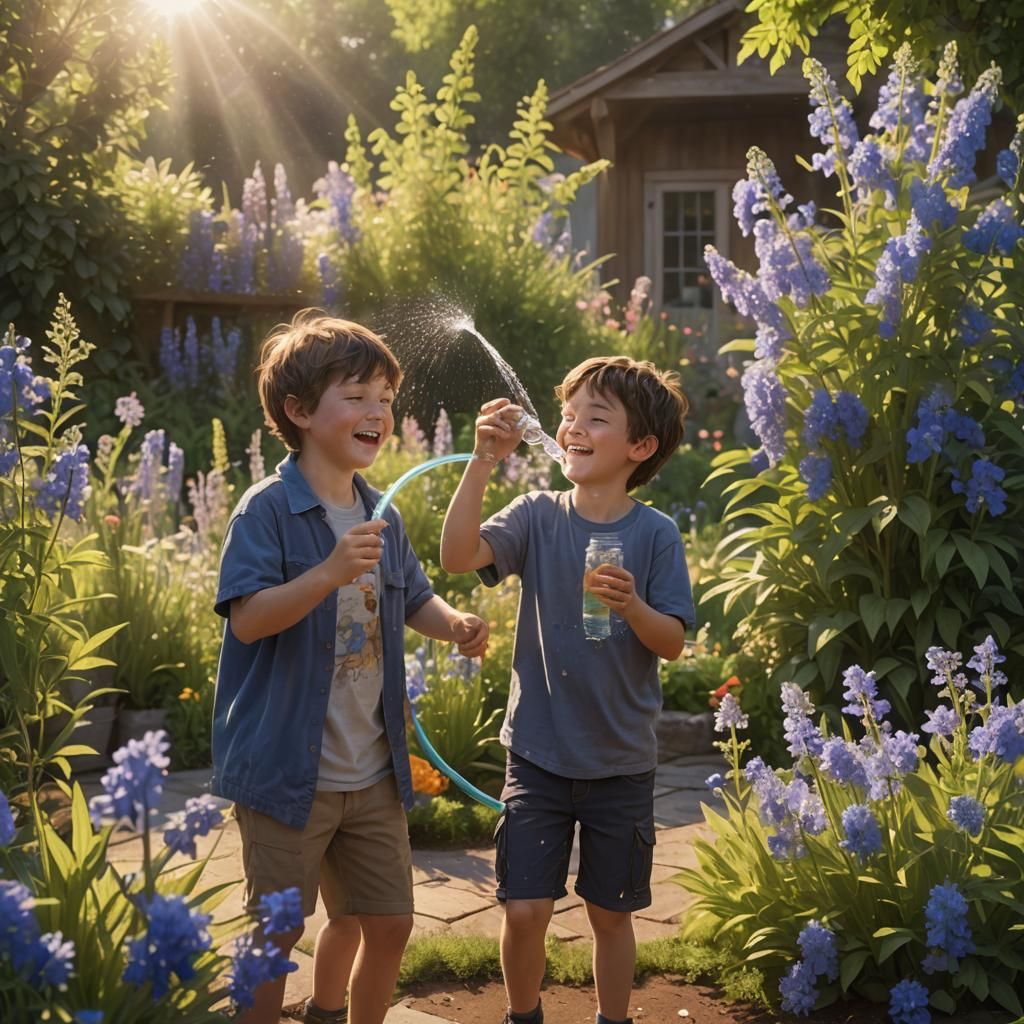 Boys Sharing Water in a Flower Garden