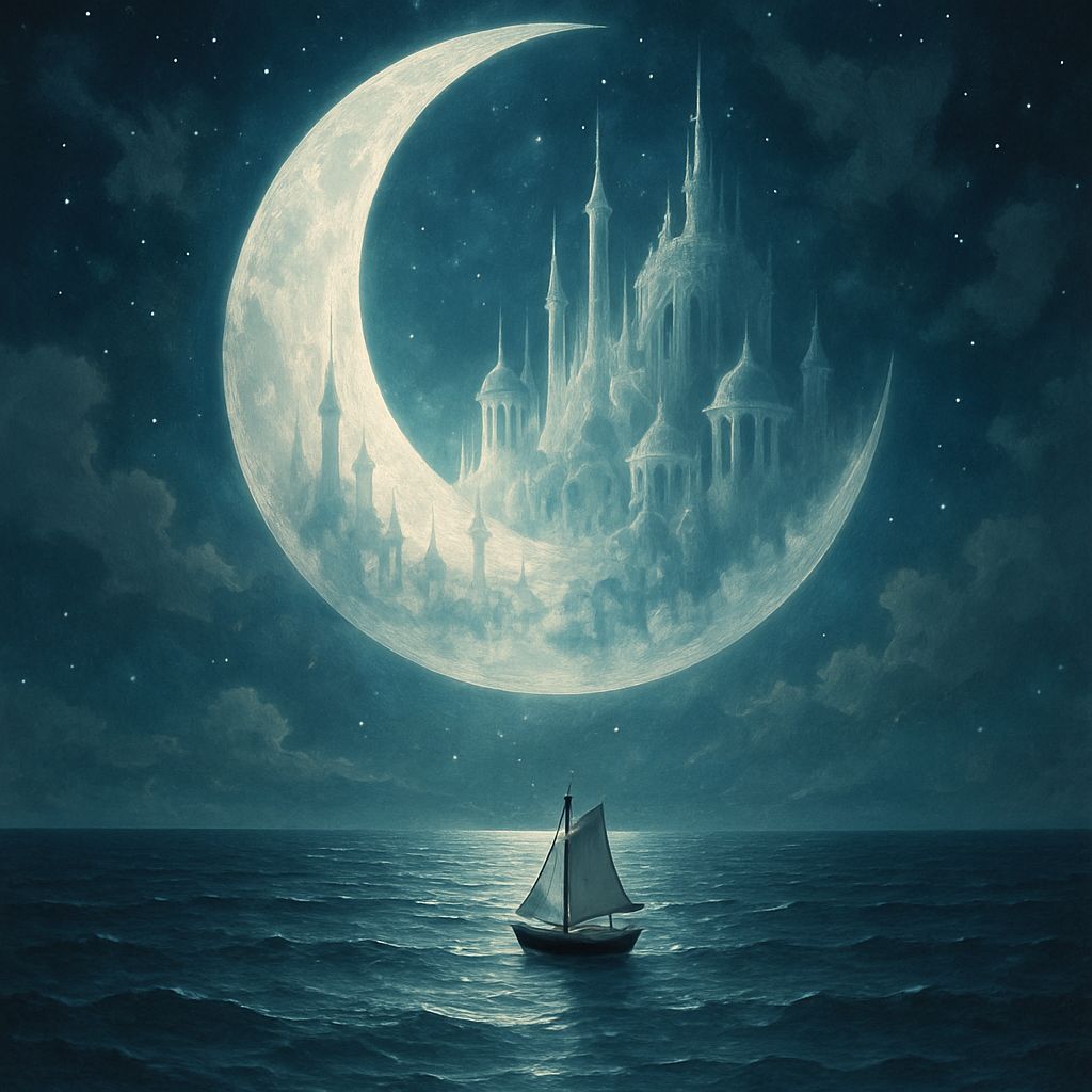 Fantasy Moon City Dreamscape Over Ocean