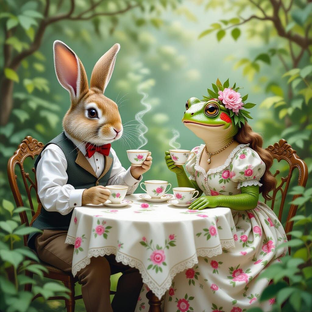 Whimsical Rabbit and Toad Enjoying Tea Outdoors
