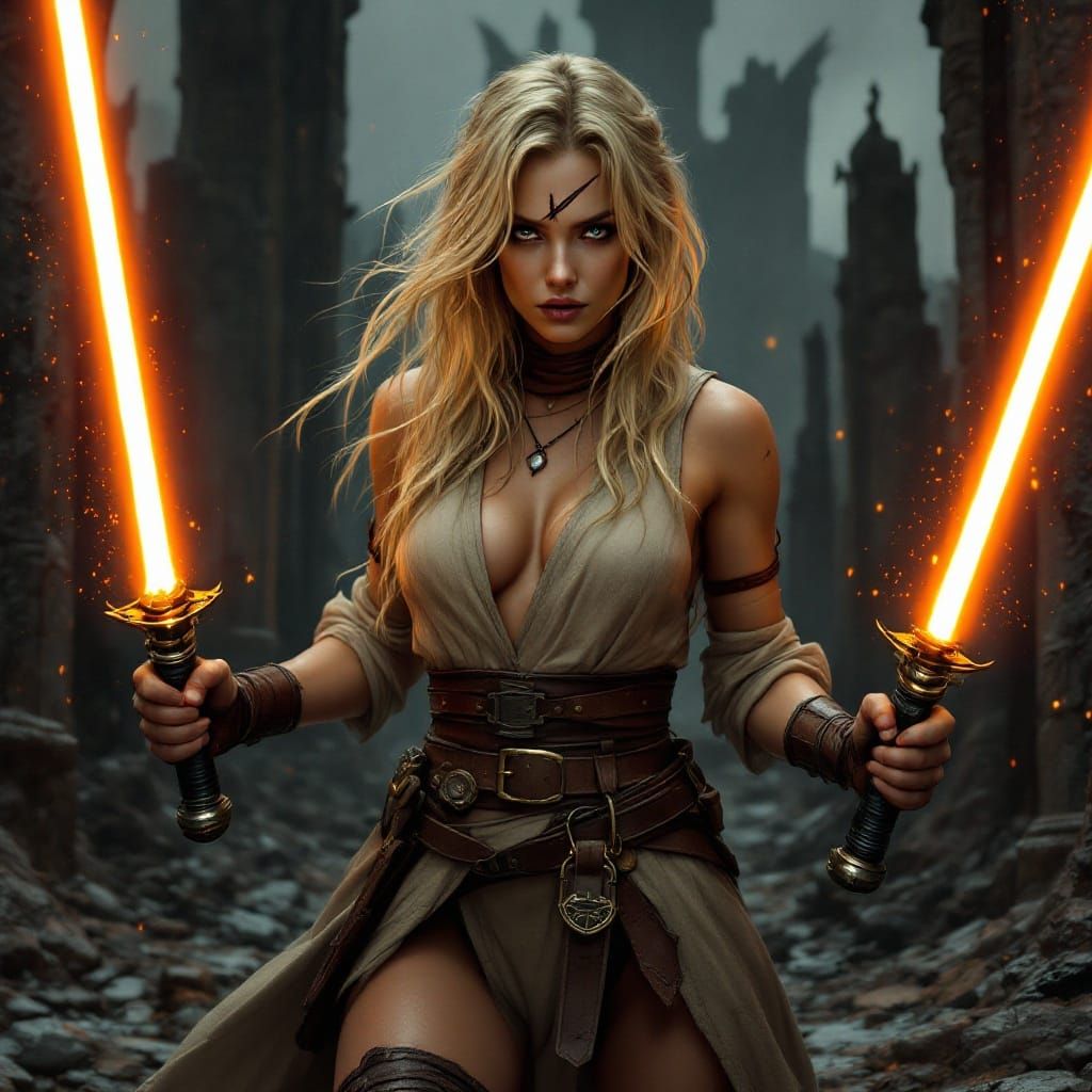 Jedi Knight with Orange Lightsabers on Battlefield