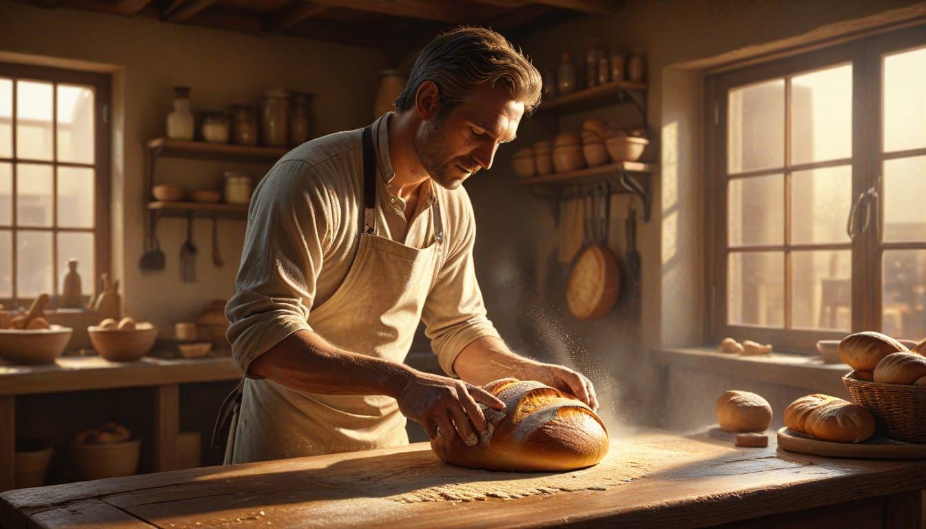 Artisan Baker Kneading Dough in Rustic Bakery