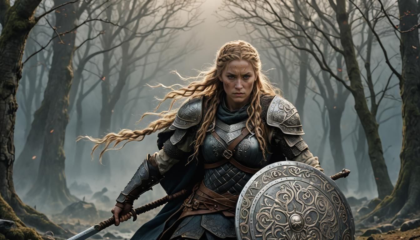 Fierce Norse Shieldmaiden in Epic Battle Scene