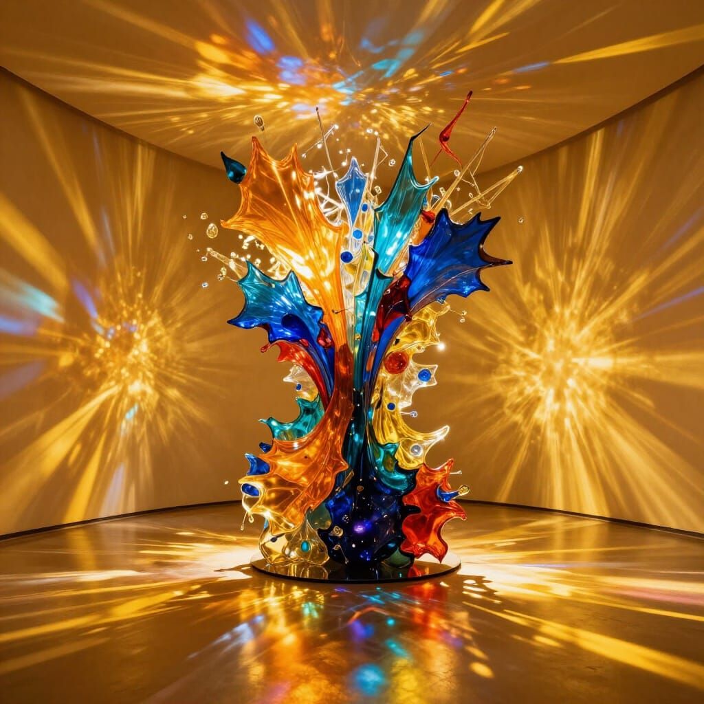 Abstract Dichroic Glass Sculpture with Explosive Light Burst...