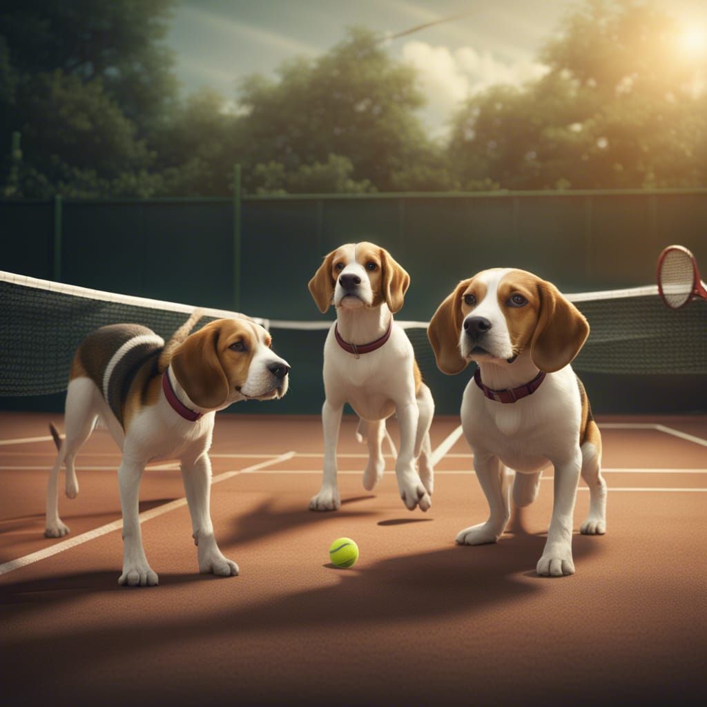 Beagles Playing Tennis in Hyperdetailed Digital Painting