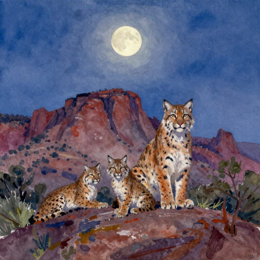 Bobcat Family Under Moonlight in Superstition Mountains