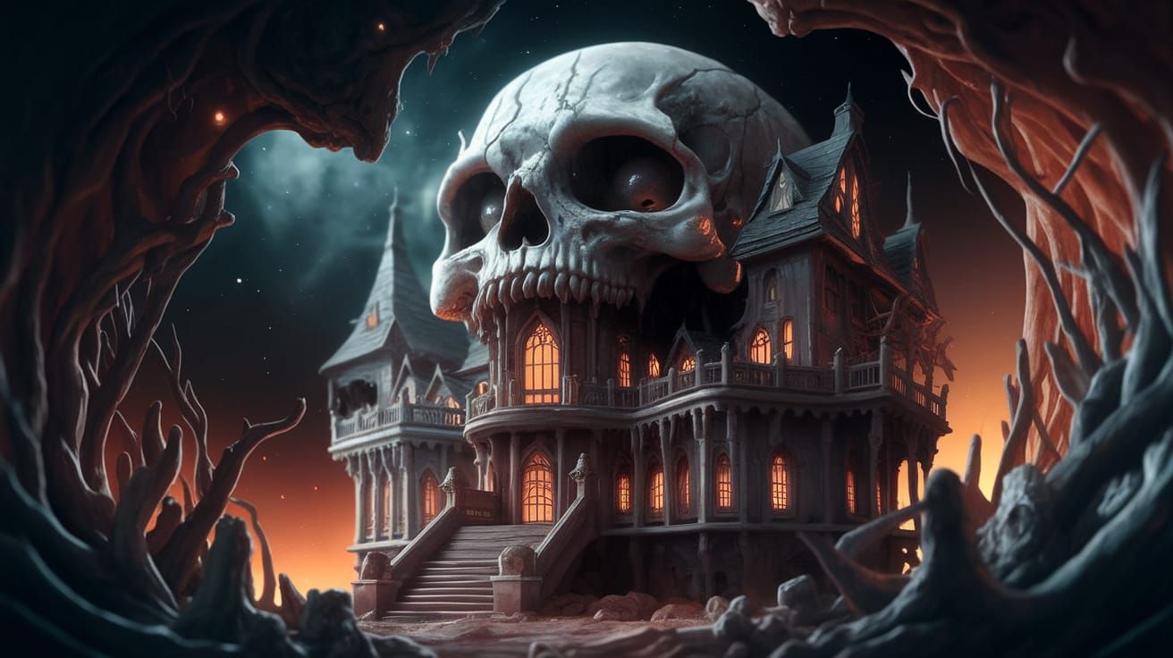 Ethereal Gothic Mansion Emerges from Alien Skull