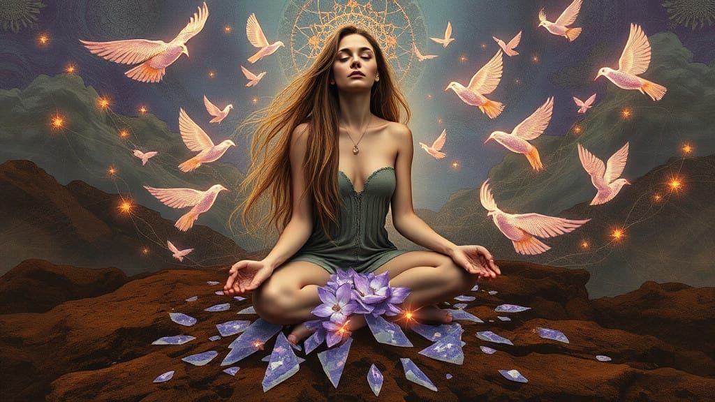 Woman in Serene Meditation Amidst Lavender Shards and Ethere...