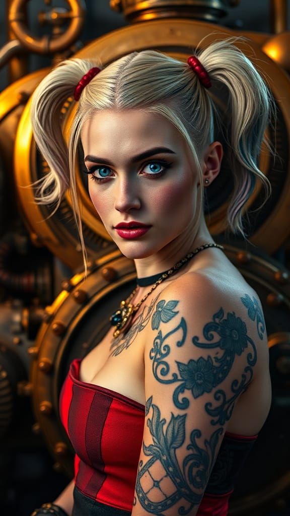 pic1.raw,  Harley Quinn  ,blue eyes, full lips ,freckles , looking at me,full body scene , tattoos, syfy, Marvel, Cinema...