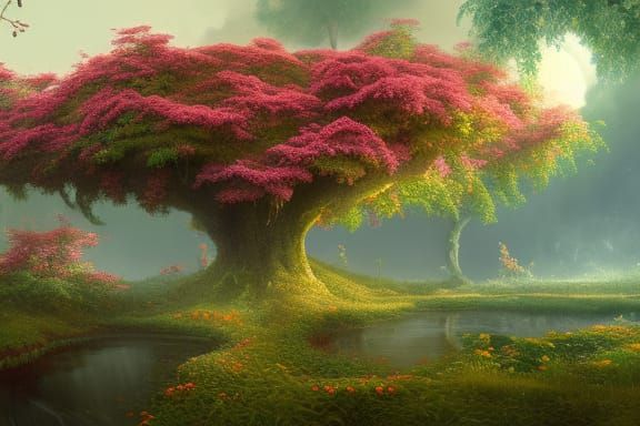 Walnut Tree Overgrown with Flowers: Detailed Matte Painting