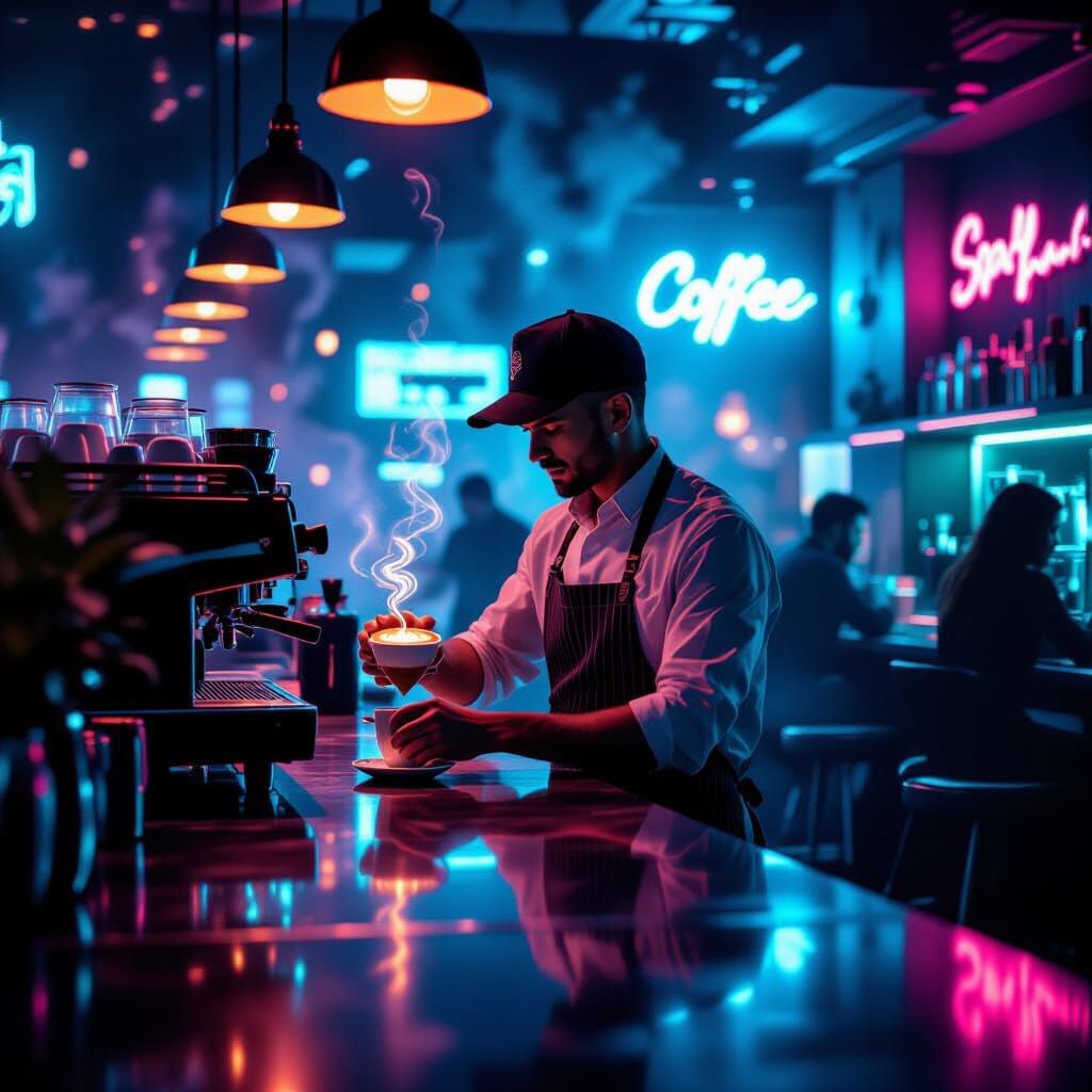 Cyber-Neon Coffee Bar at Night in Futuristic Style
