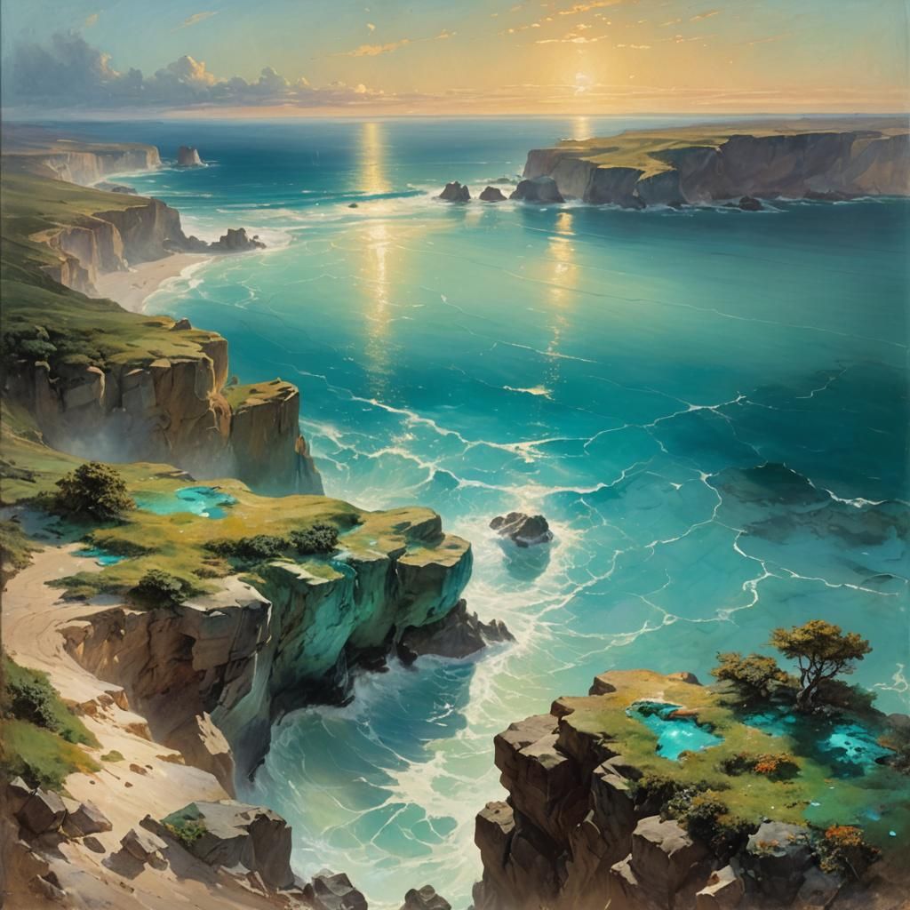 Luminous Turquoise Seascape from Cliff, Luminism Style