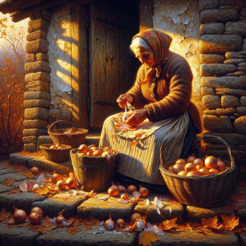 Autumn Evening: Elderly Woman Peeling Vegetables