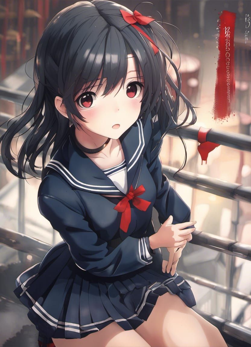 16k resolution, detailed realistic anime-style, a girl in Japanese school uniform, a navy blue sailor top with a red rib...