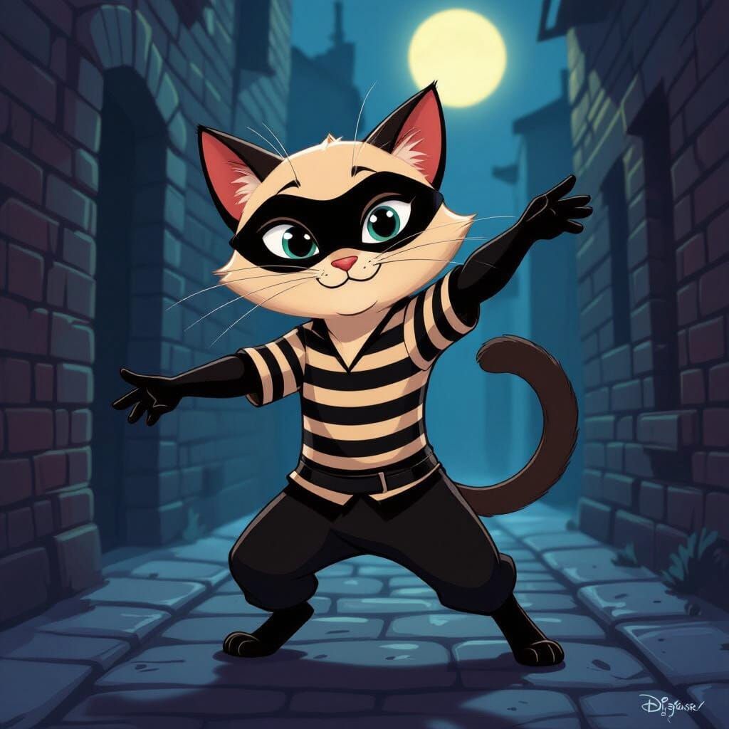 Cartoon Siamese Cat Thief in Disney Animation Style
