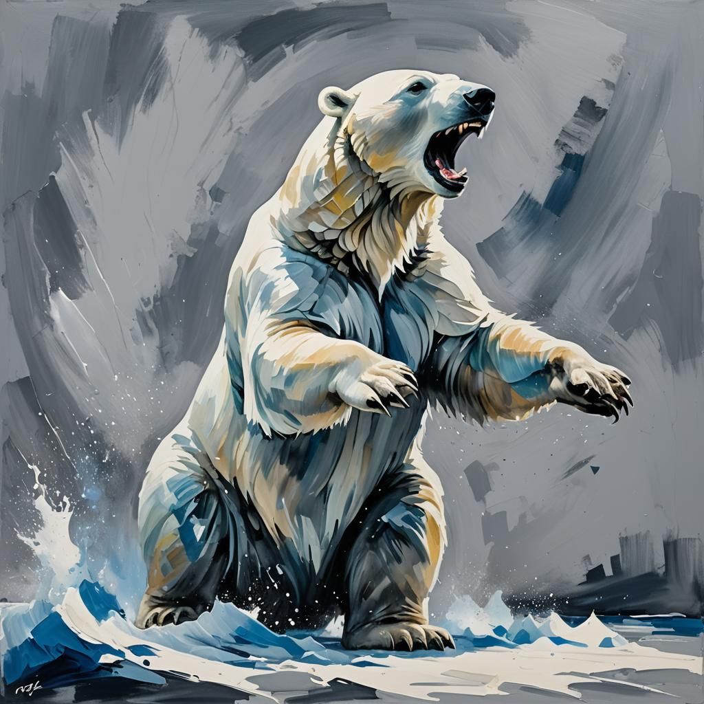 Roaring Polar Bear in Gouache Impressionist Style