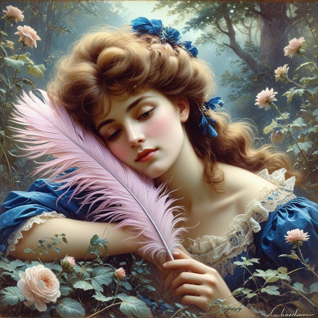 Dreamy Woman with Blue Feather in Elegant Oil Painting