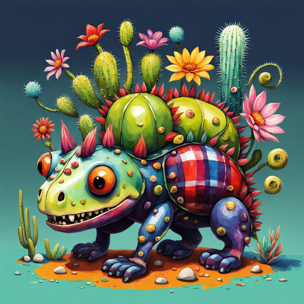 Whimsical Floral Cactus with Dinosaur Skull Flowers and Cate...