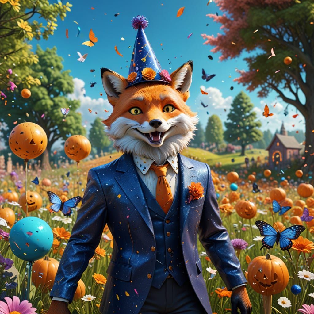 Anthropomorphic Fox Celebrates Halloween New Year in Meadow