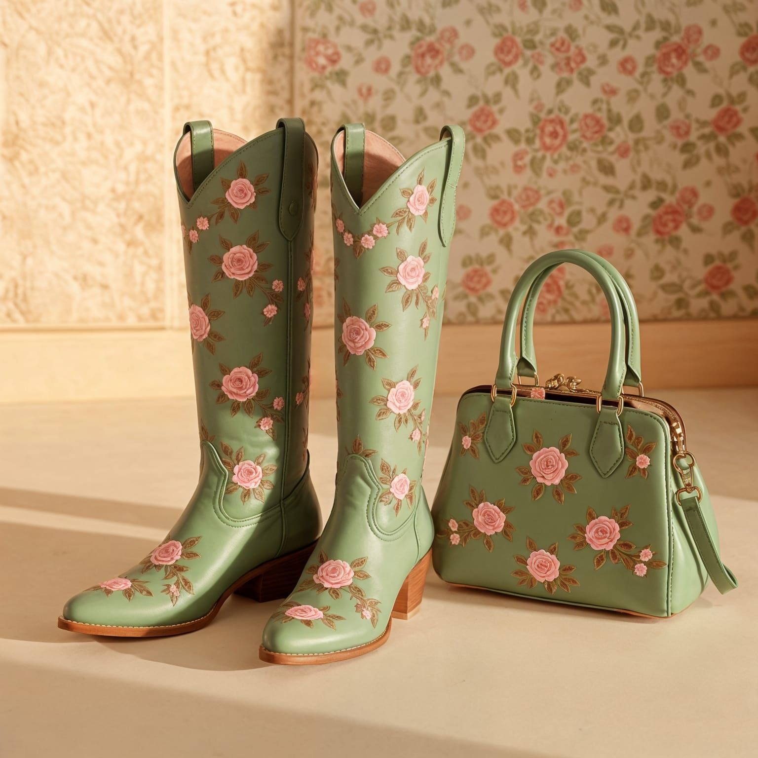 Elegant Green Boots and Handbag with Rose Embroidery