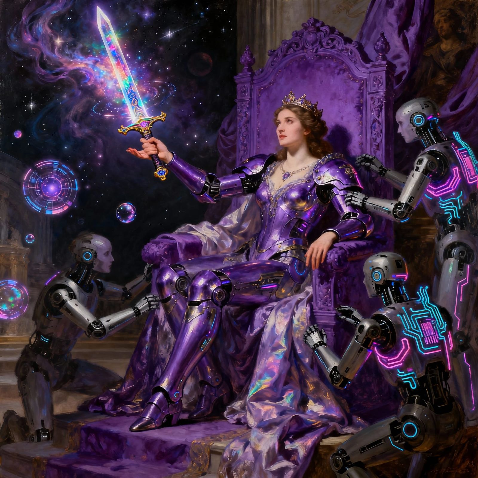 Futuristic Princess Dons Cyberpunk Armor in Baroque Style