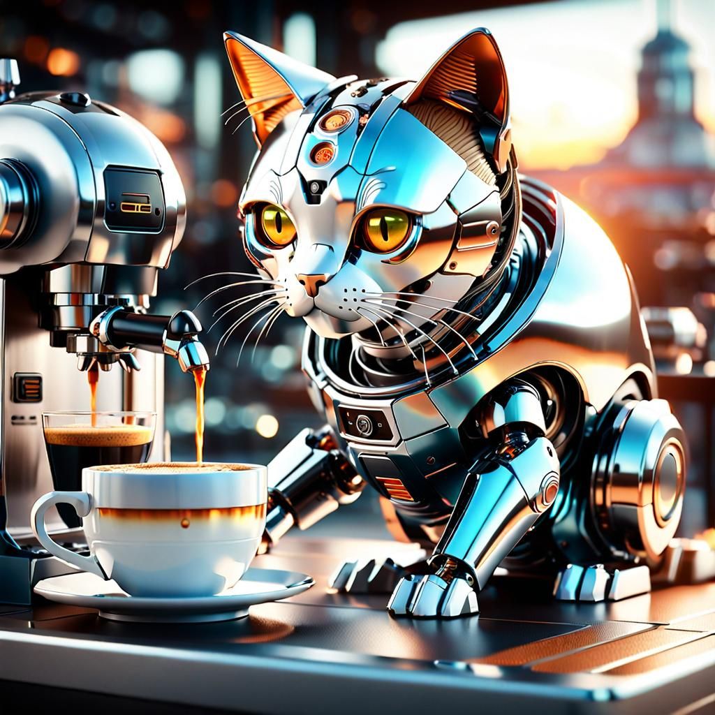Cyborg Calico Cat Robot Making Coffee