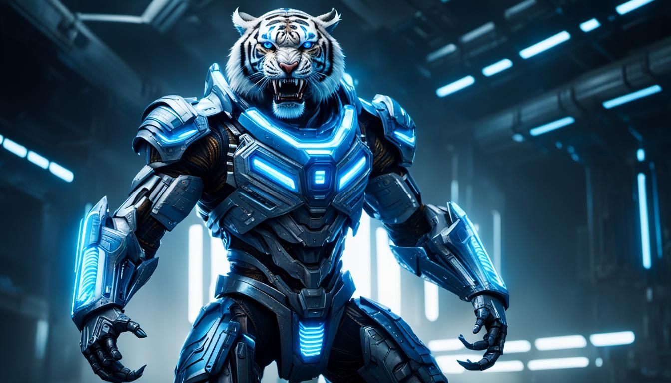 Tiger Humanoid Powers Up with Laser Cannon in Futuristic Spa...