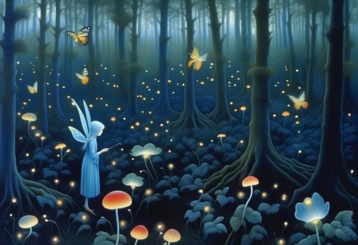 Enchanted Forest with Fairies and Fireflies