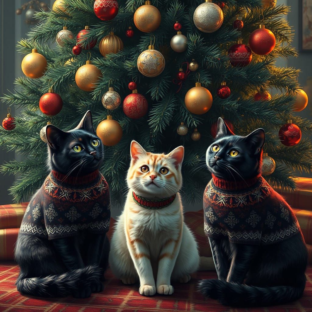 Majestic Christmas Scene with Cats in Intricately Patterned...