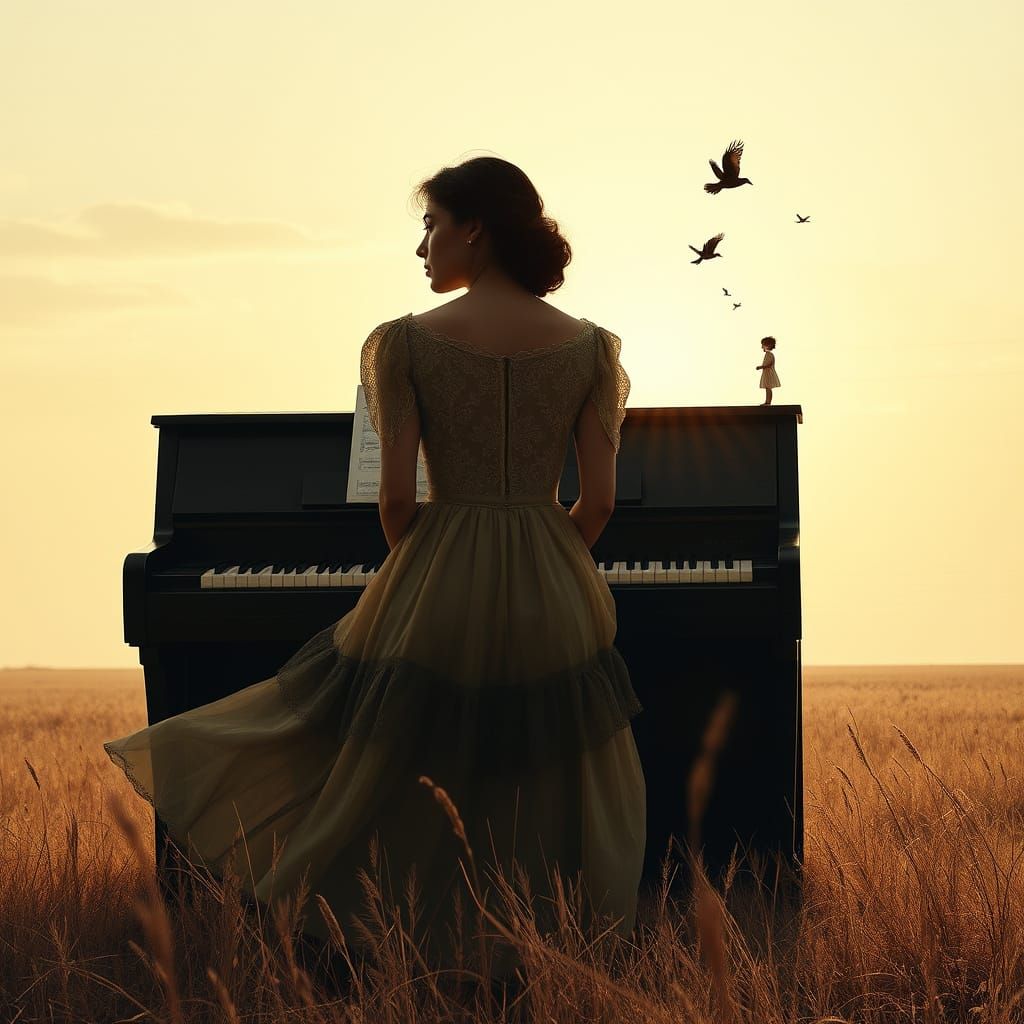 Ethereal Oil Painting of a Young Woman at the Piano in a Des...
