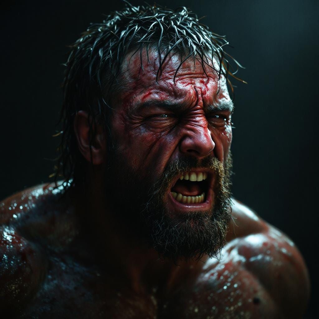 Exhausted Wrestler's Face in Hyper-Realistic Style