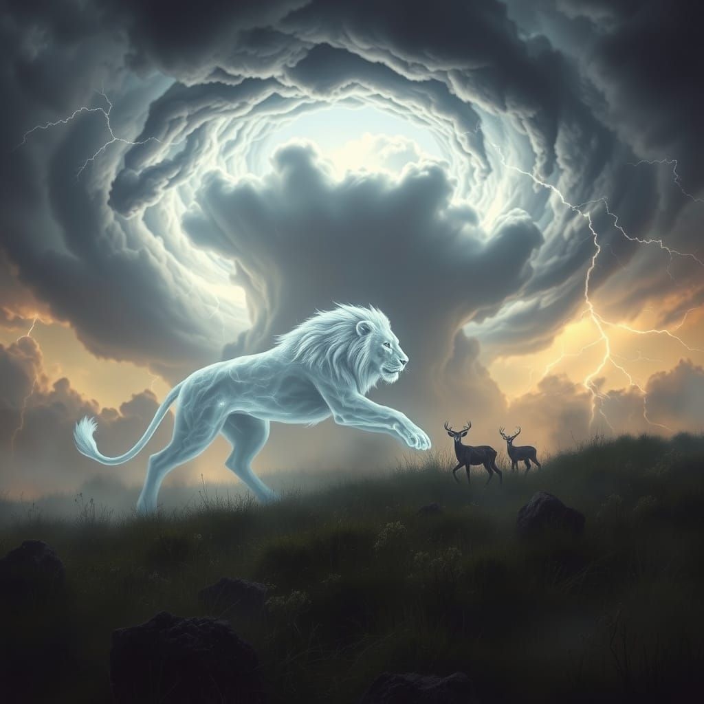 Ethereal Lion Stalking Gazelle in Stormy Sky