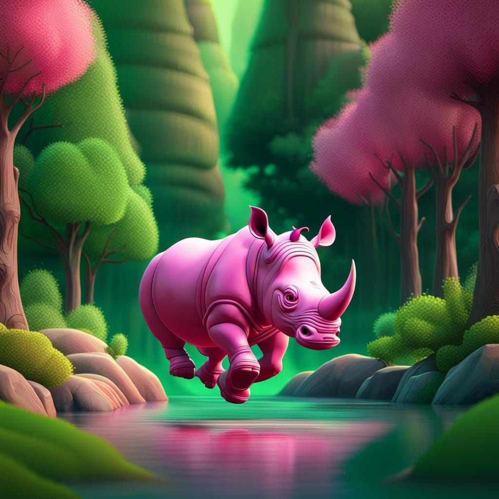 Pink Rhino Jumps Over River in Disney Style