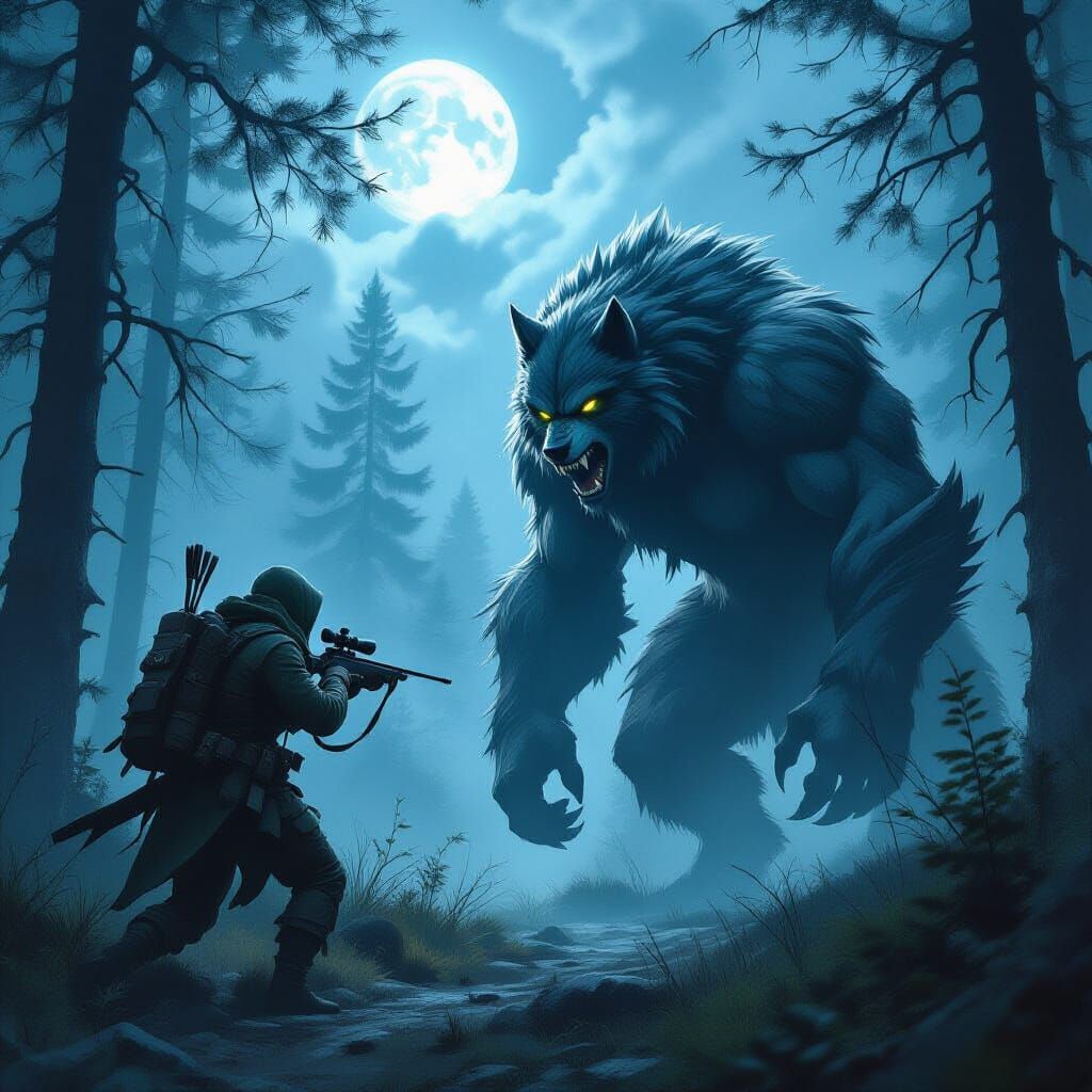 Werewolf Allows Capture in Misty Forest, Fantasy Art