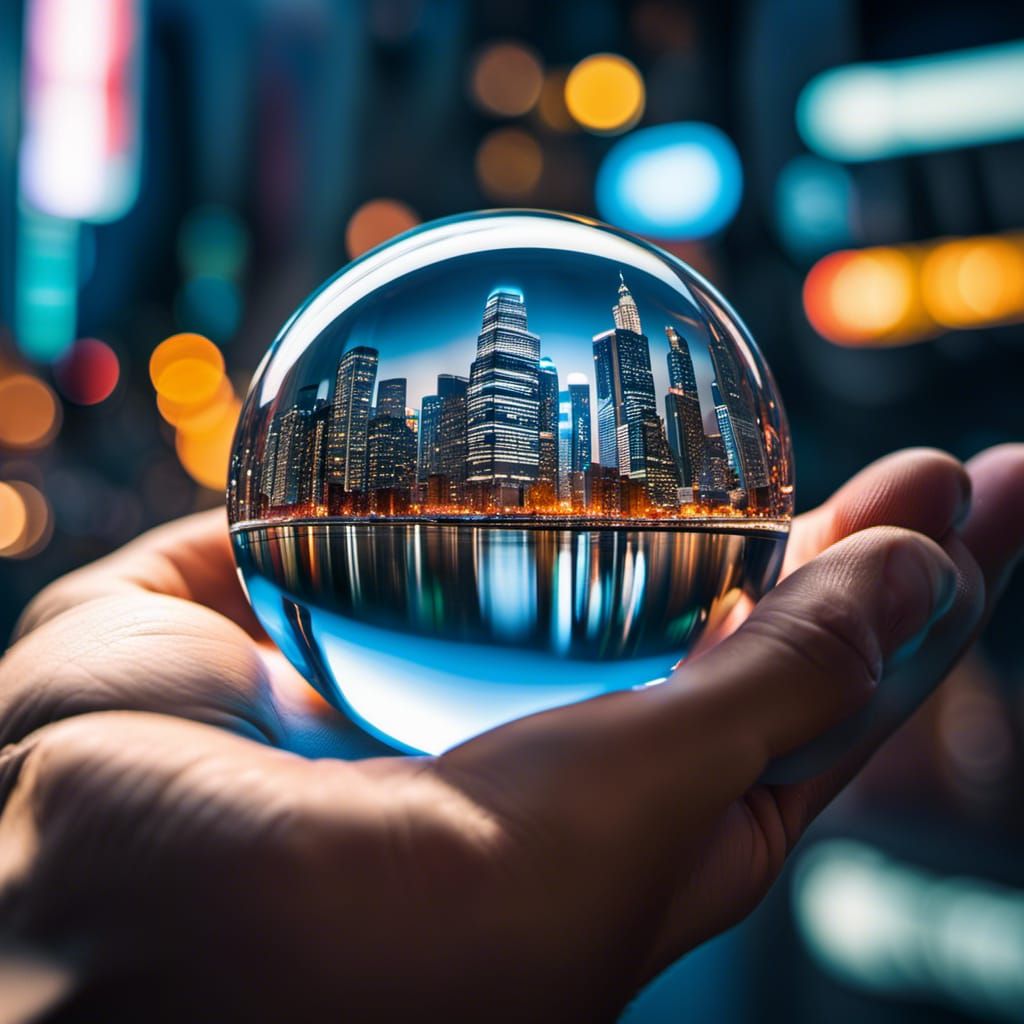 Neon Cityscape Reflected in Crystal Ball