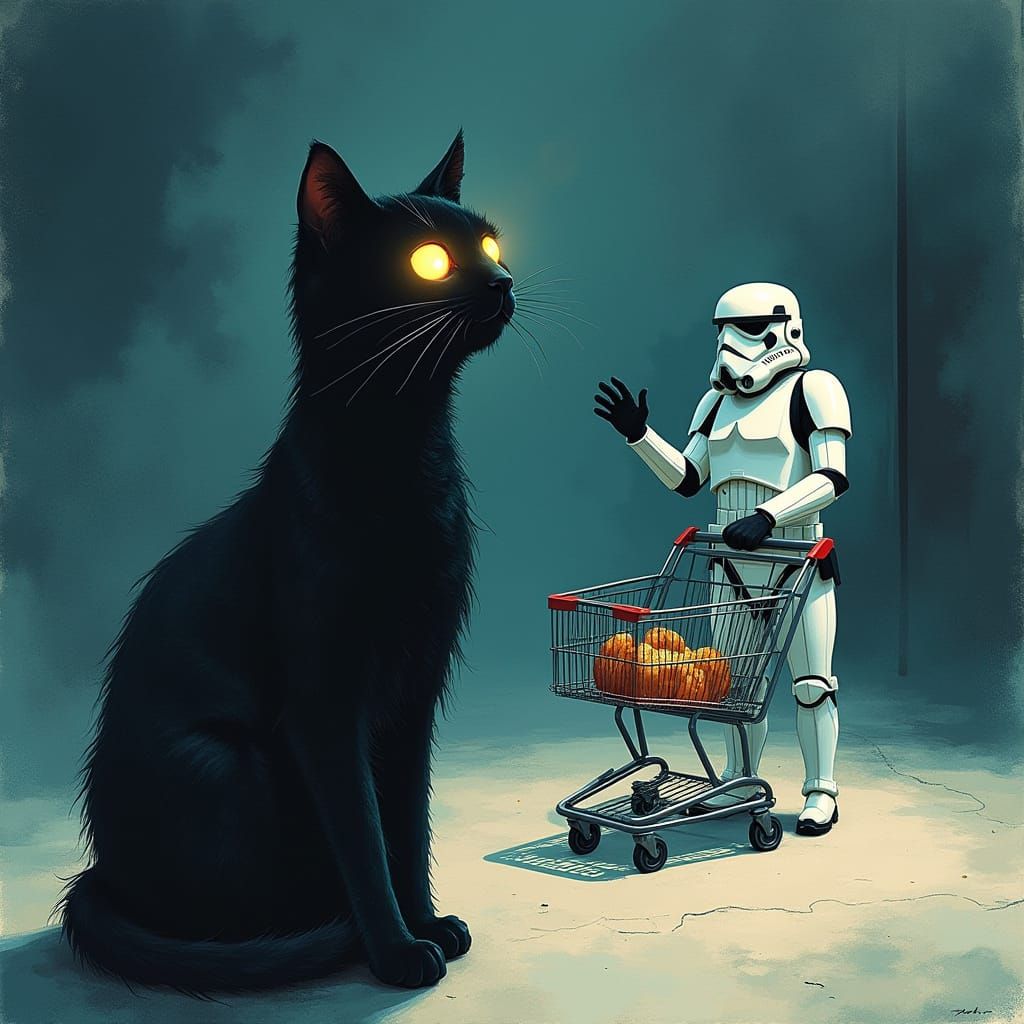 Ethereal Black Cat with Moon Symbol and Waving Stormtrooper