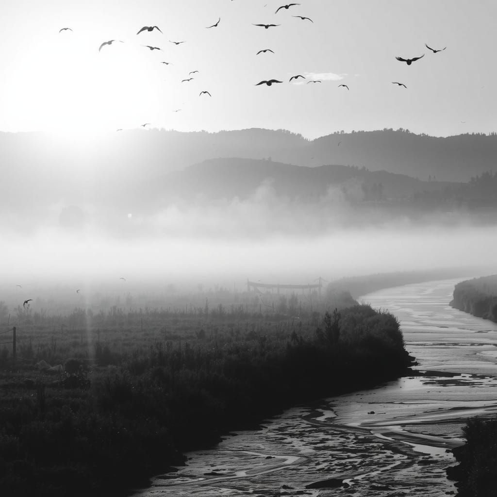 Peaceful Black and White Countryside Landscape