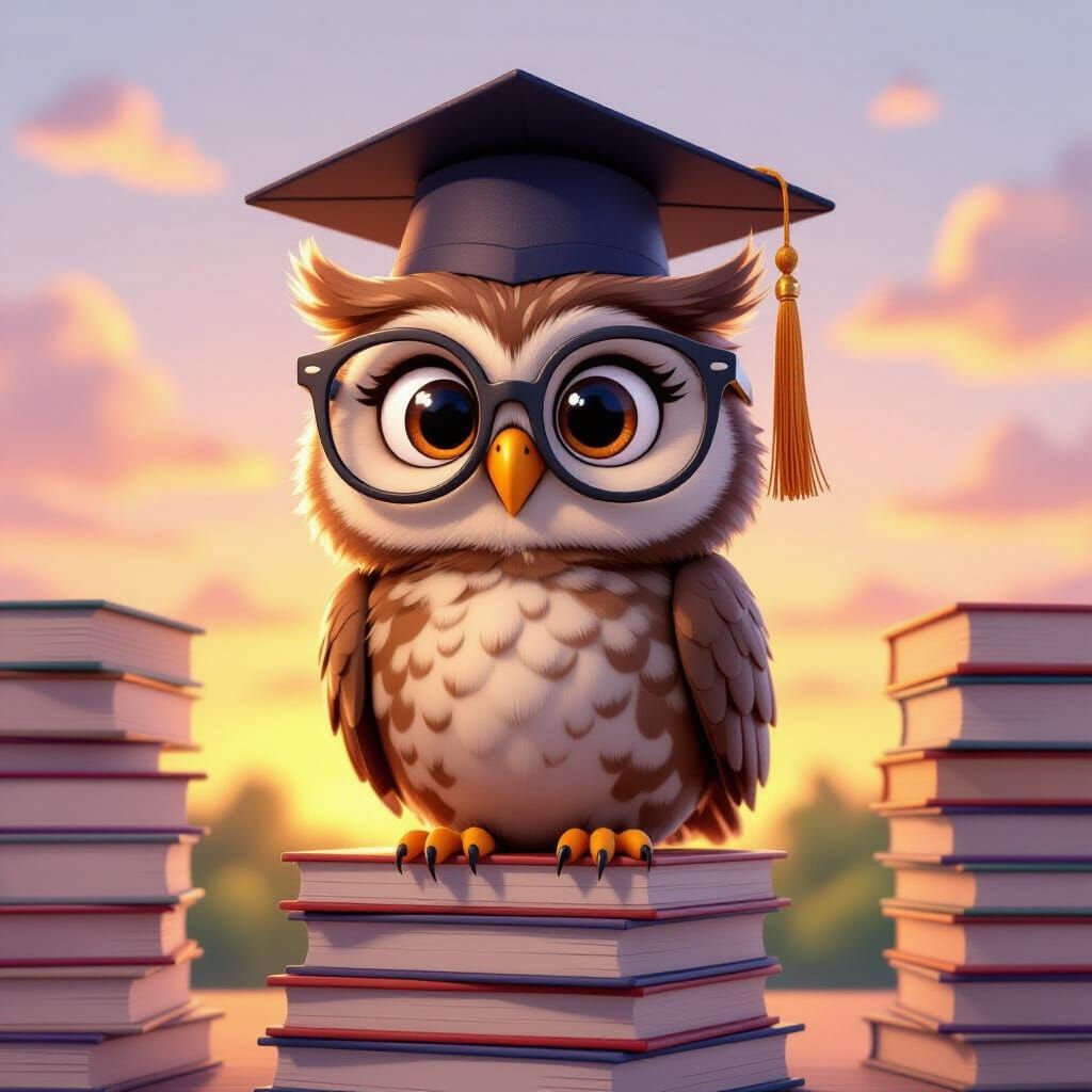 Cartoon Graduation Owl on Books