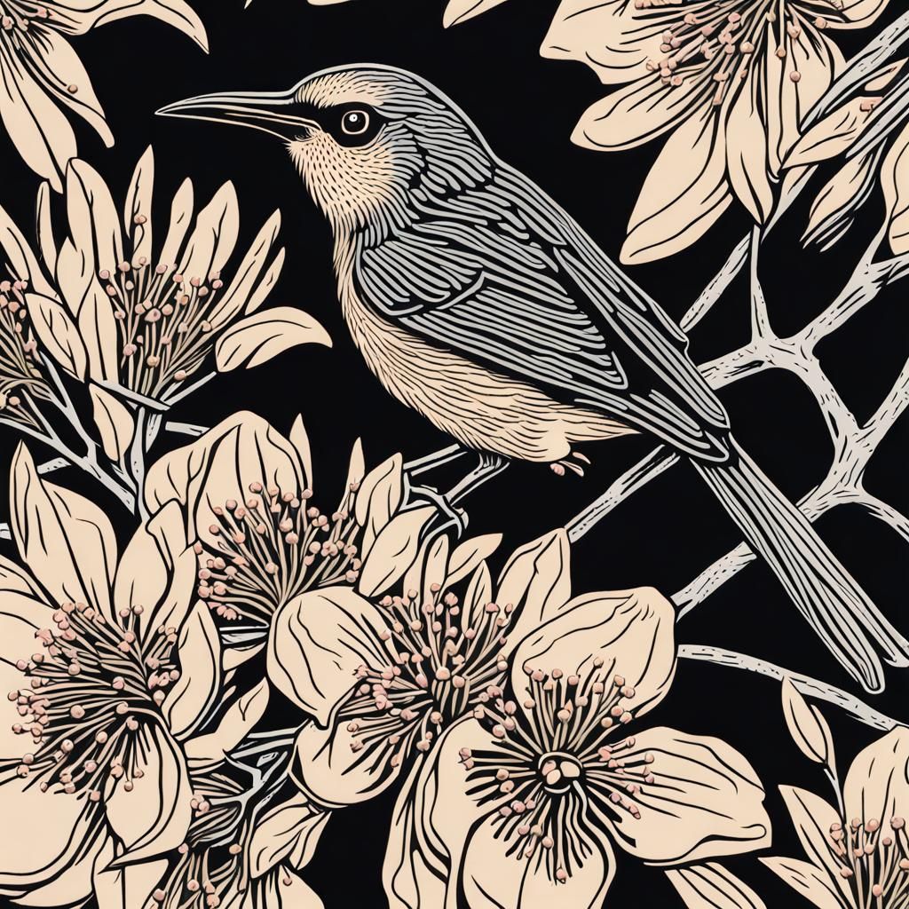 Honeyeater Birds in Blossoms Linocut Print