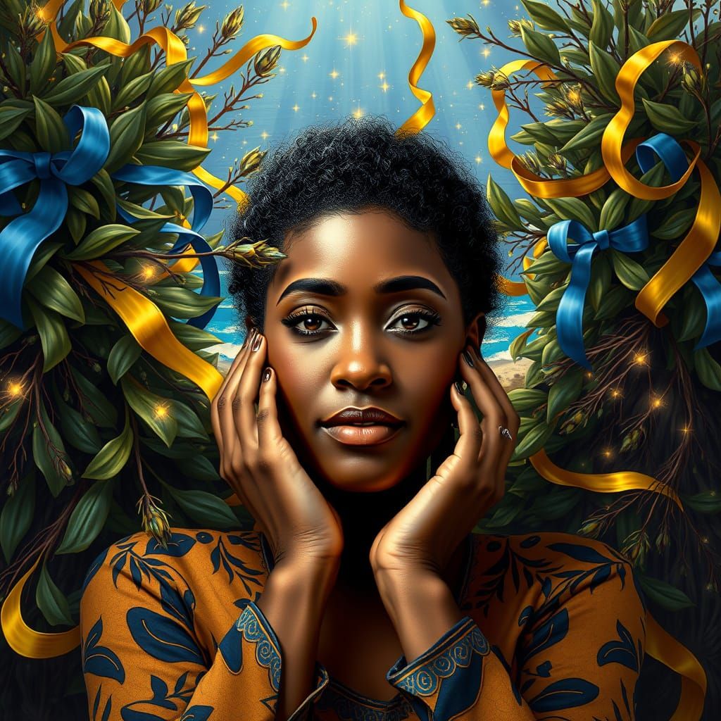 Woman in Garden with Faith Ringgold Art