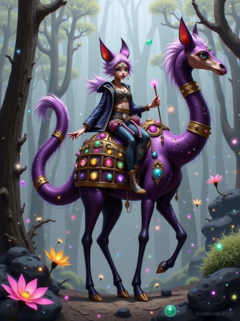 Fox Merchant on Two-Headed Giraffe in Fantasy Style