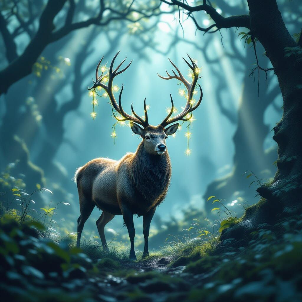 Majestic Stag in Misty Forest with Glowing Vines