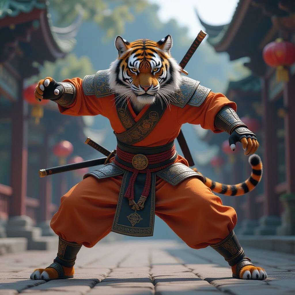 Monk Tiger in Orange Armor Attacking, Fantasy Concept Art
